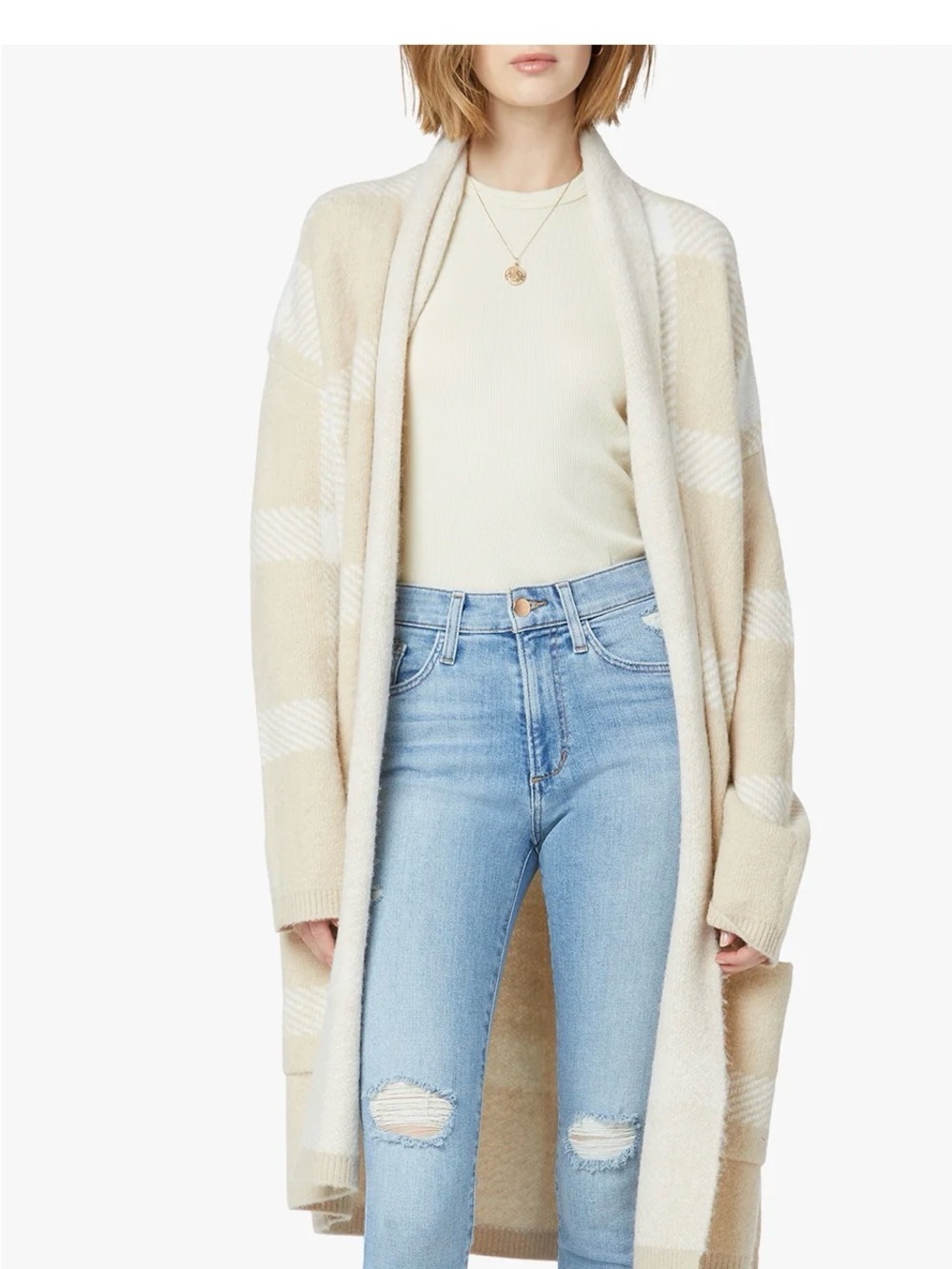 Joe's Jeans Cream Plaid Open-Front Solange Cardigan - M